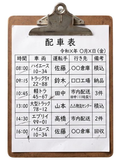 手書きの配車表を挟んだクリップボード