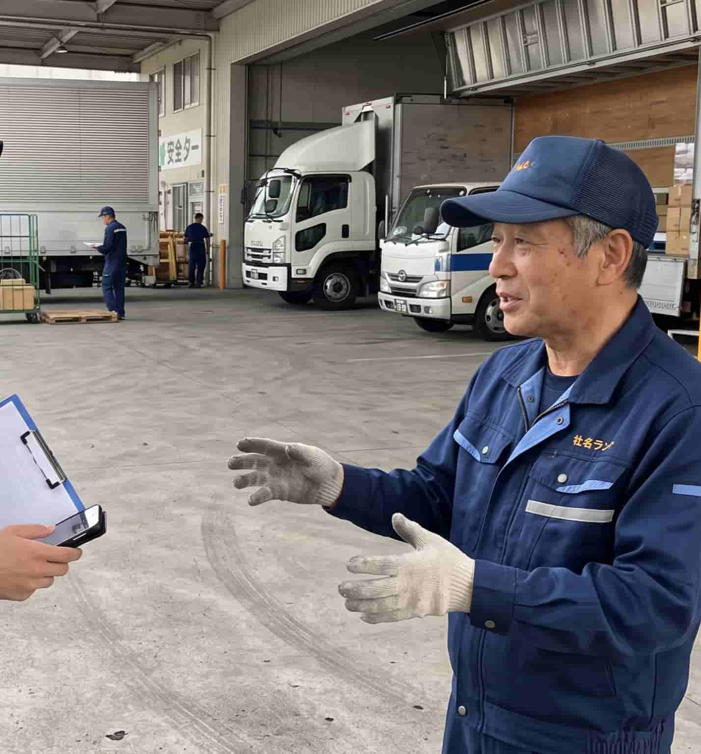 トラックヤードで作業について話すベテラン作業員