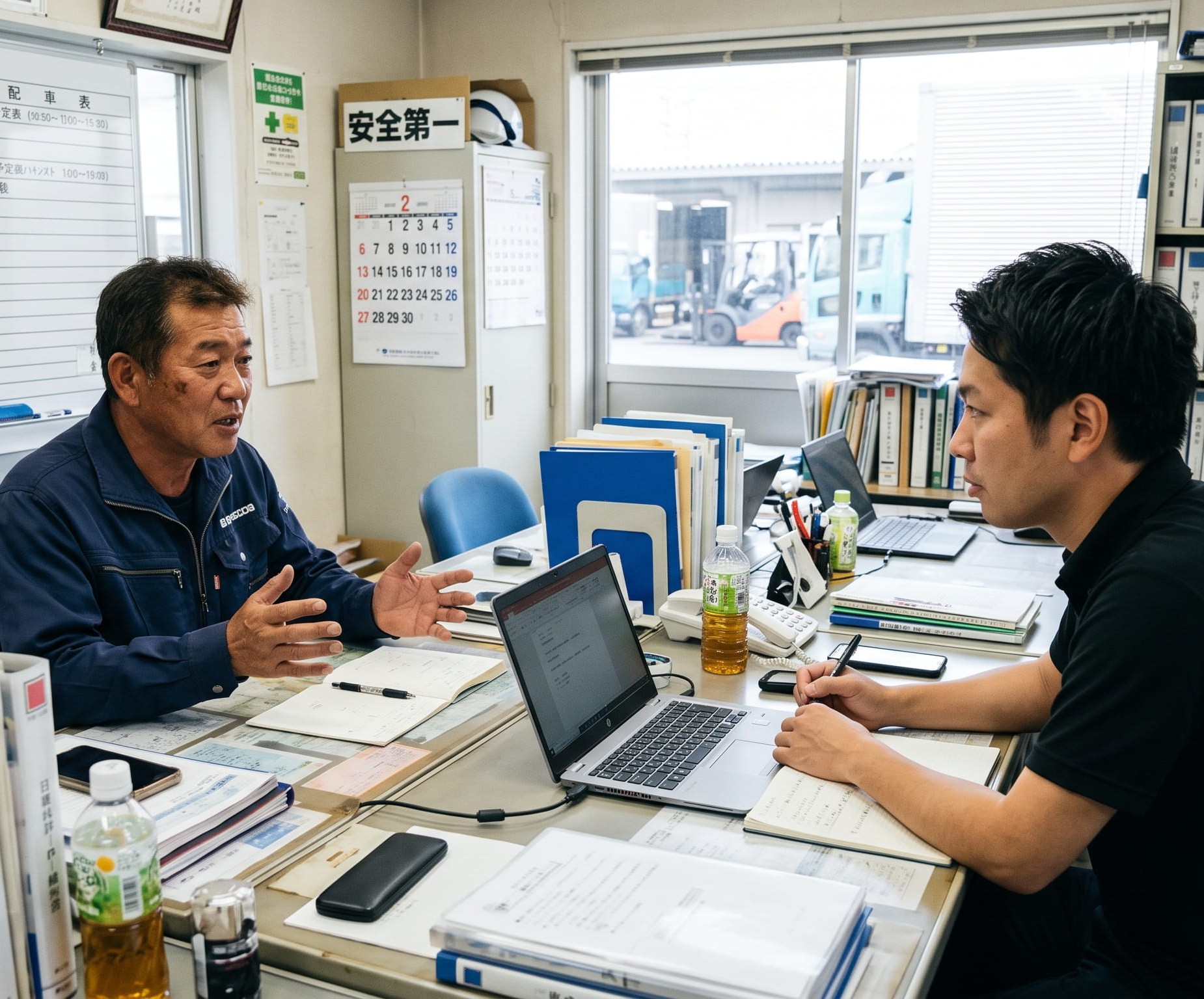運行予定表を前に、現場のベテランと担当者が業務について話し合う様子