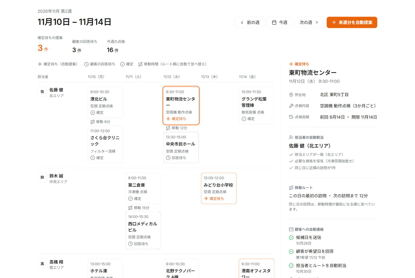 点検業務の日程調整システムのカレンダー画面